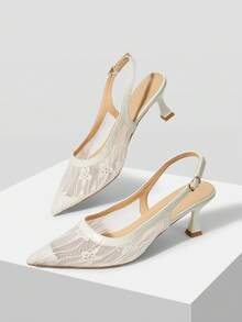 Mnmlis Women's Black Lace Mesh Pointed Heels - Beige - View 1