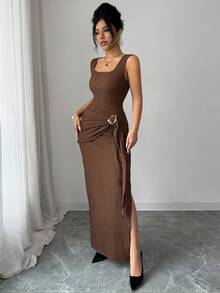 Elenzga New Asymmetric Ruched Draped Metal Buckle Hem Side Slit Bodycon Dress, Square Neck, Slimming, Elegant, Sexy - Brown - View 5