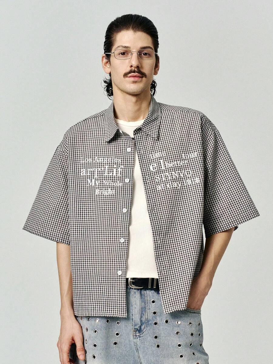 STYNVO Camisa casual de hombre con estampado de cuadros y letras, para verano - Multicolor - Ver 1