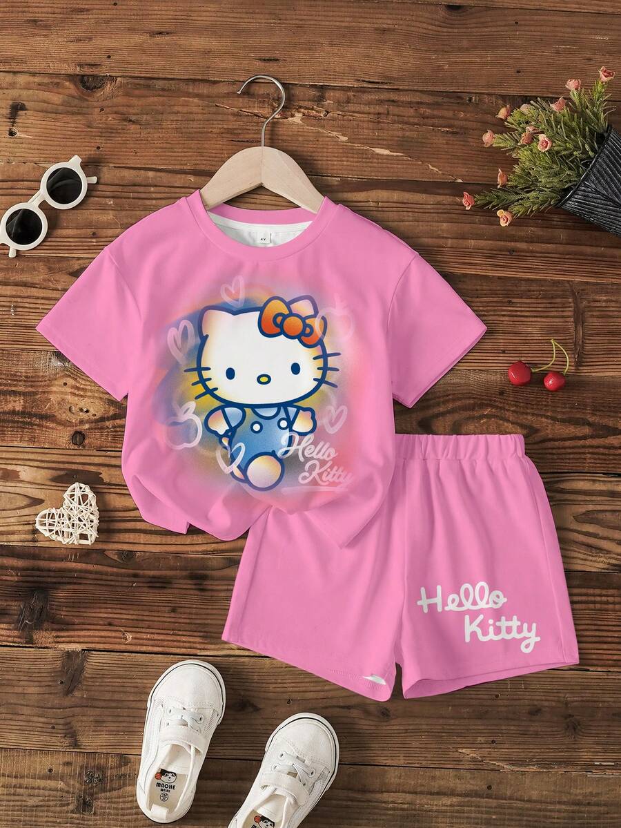 HELLO KITTY AND FRIENDS | SHEIN 卡通印花T恤短裤套装,适合小女孩 - 白色 - 查看 1