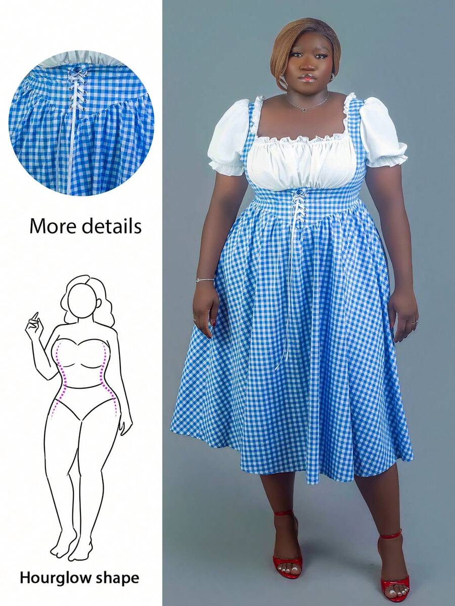 CurvyTilda فستان ريترو أزرق مربعات للمرأة متسع الحجم، للربيع - ازرق وابيض - مشاهدة 1