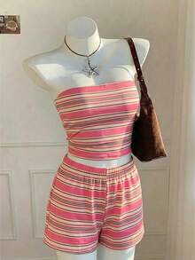 Comfortcana Conjunto de top bandeau y shorts a rayas de contraste vintage para mujer, adecuado para la playa, la calle, el aeropuerto y el uso en casa - Multicolor - Ver 5