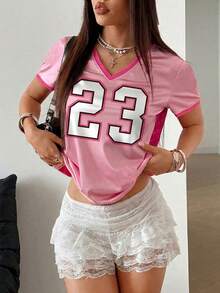 SHEIN HypeZone Áo thun thể thao nữ cổ chữ V phối màu, họa tiết số, phong cách thường ngày đa năng. - Hồng - Xem 1