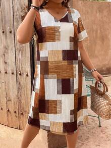 EMERY ROSE Plaid Patchwork Print V-Neck Button Decor Plus Size Dress - Coffee Brown - View 4