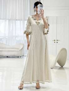 Yasmyna Women's Elegant Arabic Traditional Long Robe With Lace Applique Decoration - Yellow - View 7