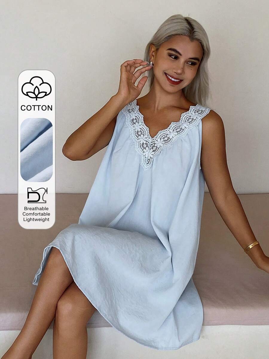 DAZY Piyama Musim Panas Tanpa Lengan Motif Renda Warna Polos untuk Wanita - Biru - View 1
