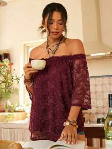 Freevana Elegante Spitzen-Bluse mit transparenten Schultern in Große Größen, Sommer, Off-Shoulder - Bordeaux - Übersicht 3