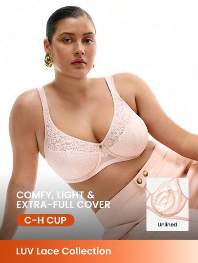 LUVLETTE Plus Pink Lingerie Lounge Curve Full Coverage Support&Breathable Underwire Lightlylined Airy Lace Pink Elegance Breezy Comfort Minimizer Bra