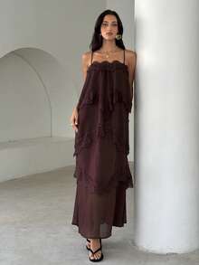 Aloruh Đầm dài dáng rộng thanh lịch dành cho nữ, chất liệu chiffon nhăn, thắt eo, phối ren màu nâu, thích hợp cho kỳ nghỉ xuân/hè. - màu nâu - Xem 3