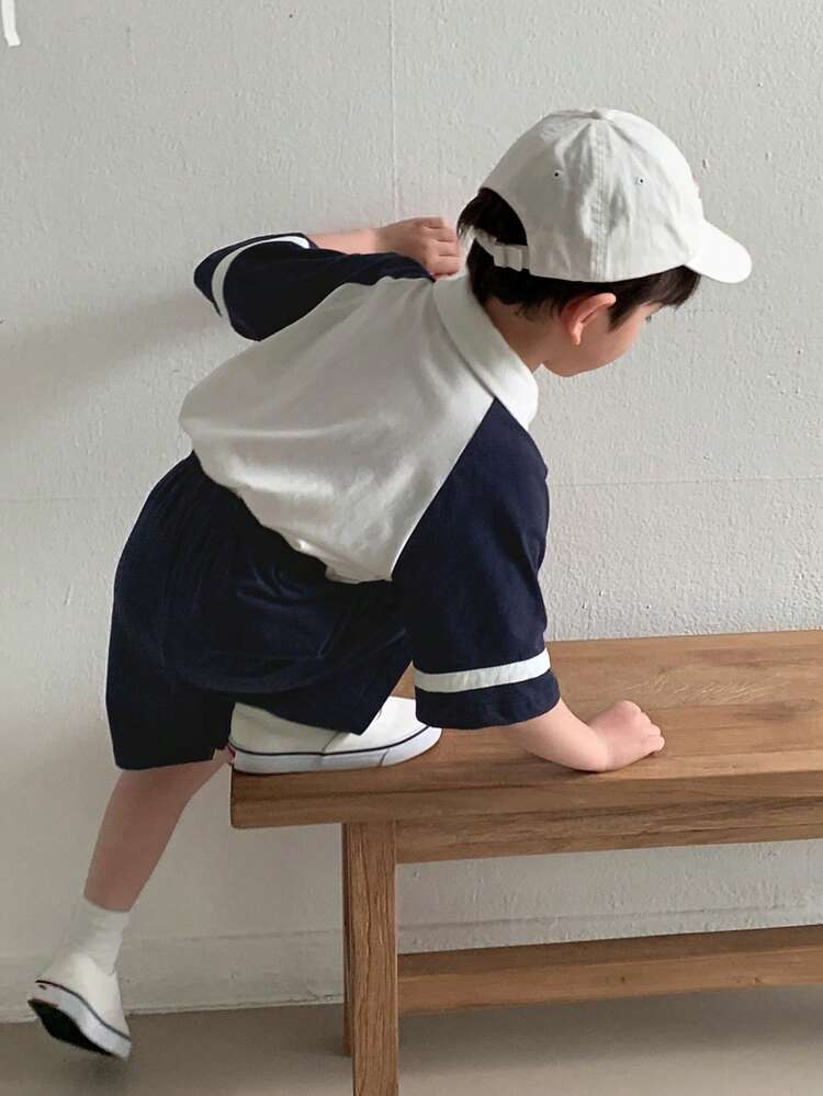 Polo Collar Contrast Color Short Sleeve Loose T-Shirt Set For Toddler Boys