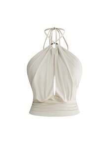 ROMWE Plus Size Women Halter Tie Circular Ring Ruched Backless Camisole - Apricot - View 1