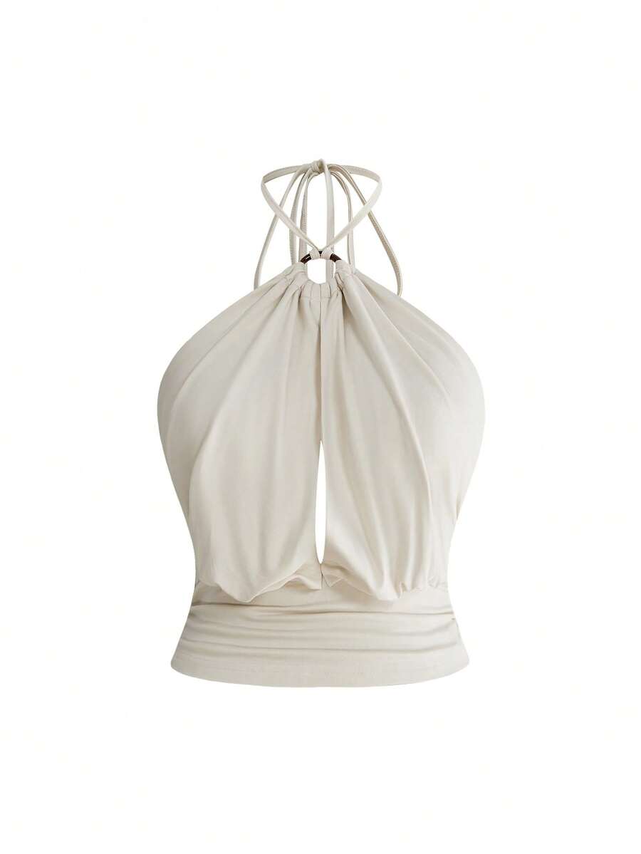 ROMWE Plus Size Women Halter Tie Circular Ring Ruched Backless Camisole - Apricot - View 1