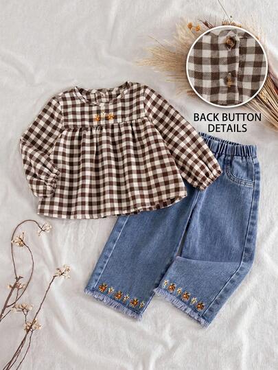 Vintaside Kids Conjunto de 2 piezas de blusa clásica a cuadros con mangas de farol abultadas y pantalones vaqueros de pierna ancha azul oscuro para niña bebé, otoño/primavera