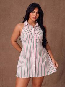 Rustia Vestido de verano de moda para mujer de talla grande con rayas bordadas, cuello bordado, bajo bordado, cintura ceñida y sin mangas - Rosa - Ver 4