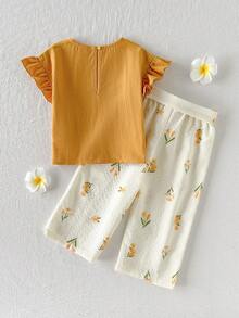 Cozy Pixies Conjunto de 2 piezas para bebé niña con top sin mangas de cuello redondo con volantes y pantalones de cintura elástica de unicolor - Amarillo - Ver 2