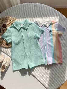 SHEIN 男女通用新生儿两件套休闲可爱条纹短袖连体衣套装，婴儿夏季服装 - 薄荷綠 - 查看 6