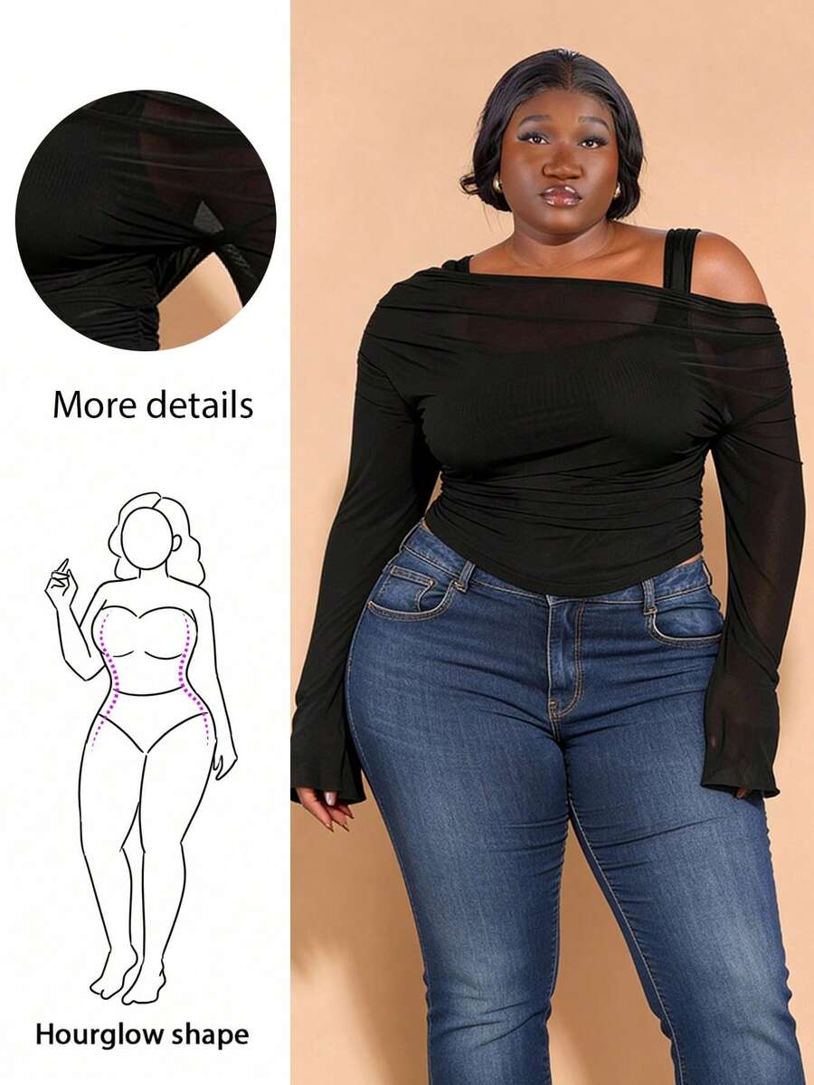 CurvyTilda Plus Size Black Off-Shoulder Asymmetrical Flare Long-Sleeved 2 In 1 Elegant And Sweet Tops, Suitable For Daily Outings And Dates, For Hourglass Body Shape - Black - View 1