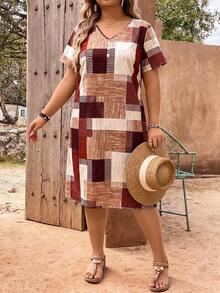 EMERY ROSE Plaid Patchwork Print V-Neck Button Decor Plus Size Dress - Purple - View 4