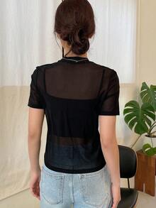 DAZY Solid Mock Neck Sheer Mesh Top Without Cami Top Going Out Tops Festival - Black - View 7