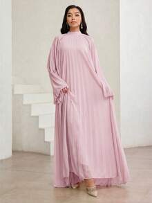 Veilorie Women's Elegant Minimalist Solid Color Loose Pleated Arabic Style Dress - Pink - View 3