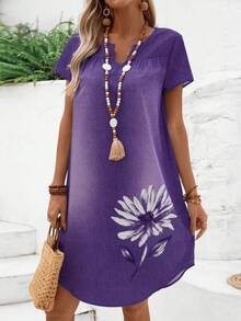 Rusticease Plus Size Women V-Neck Floral Print Ruched Casual Party Dress - Purple - View 3