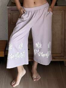 DAZY Bas de pyjama capri à jambes larges avec imprimé rétro pour femmes, convient pour les vacances à la plage - Mauve - Voir 8