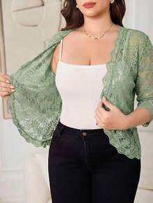 Reflora Plus Size Elegant Lace Sheer Front Open Thin Jacket For Summer Fall - Mint Green - View 5