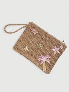 Viva Strut 1 pieza, bolso de mano de paja de maíz con borde de limón, estilo bohemio para vacaciones, bolso de mano para mujer con decoración de limón, bolso a juego para salidas de primaver - Multicolor D - Ver 6
