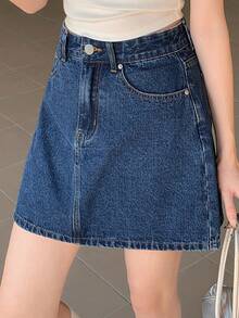 DAZY Chân váy denim ngắn cạp cao tối giản dành cho nữ, thích hợp mặc hàng ngày đi làm, mùa hè. - Màu xanh lam - Xem 3