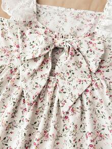 Pitira Tween Girls Ditsy Floral Spaghetti Strap Mid-Length Dress, Fitted Ruffle Sleeve Backless Bow Collar Textured Dress, Suitable For Spring And Summer - Multicolor - View 5