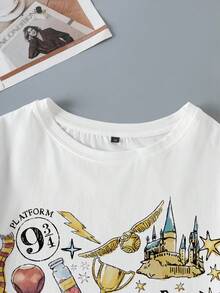HARRY POTTER X SHEIN Plus Size Summer Casual Cartoon Letter Print T-Shirt - White - View 5