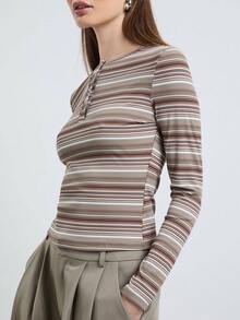 COUREZ Striped Long Sleeve Henley Neck Top/Y2K Autumn Women's Clothing Autumn Outing Outfit Women's Autumn Top Outing Top Cute Top Women's Top - Multicolor - View 6