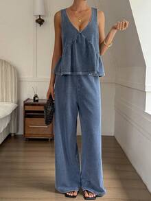 Livesso Bộ đồ denim 2 mảnh dành cho nữ, màu xanh cổ điển, gồm áo hai dây và áo sơ mi denim, quần ống đứng, thích hợp cho công sở và đi nghỉ mát, mùa xuân và hè. - Màu xanh lam - Xem 5