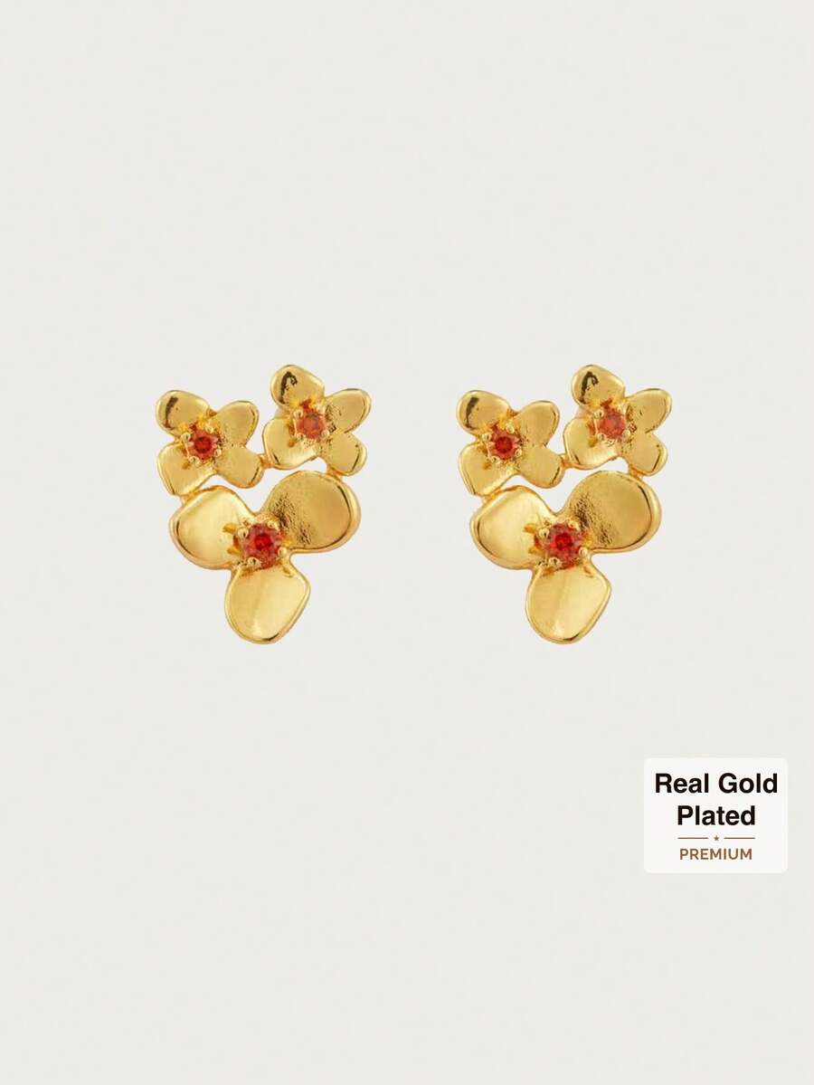 Glisma Pendientes de botón exquisitos de temperamento con gema naranja chapada en oro de 18k - Amarillo Oro - Ver 1