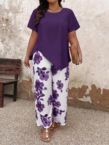 Breezaya Plus Size Solid Color Asymmetric Hem Short Sleeve Top And Floral Print Long Pants 2-Piece Set - Violet Purple - View 6