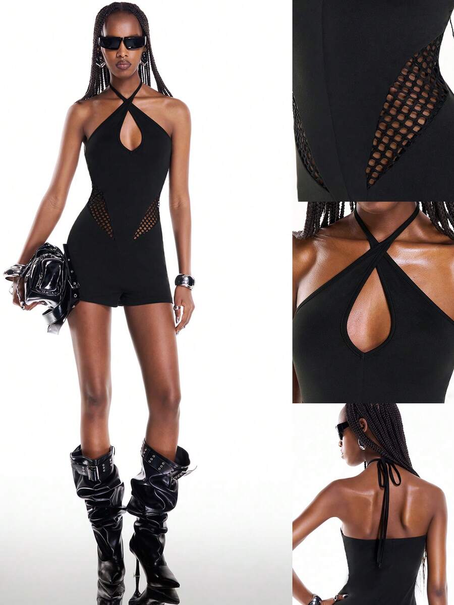 Airlisse Mono de verano sexy con empalme de malla calada y escote halter sin mangas - Negro - Ver 1