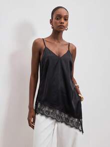 ATUI Studio Camiseta de tirantes elegante de mujer con parches de encaje y bajo asimétrico de unicolor para el verano - Negro - Ver 1