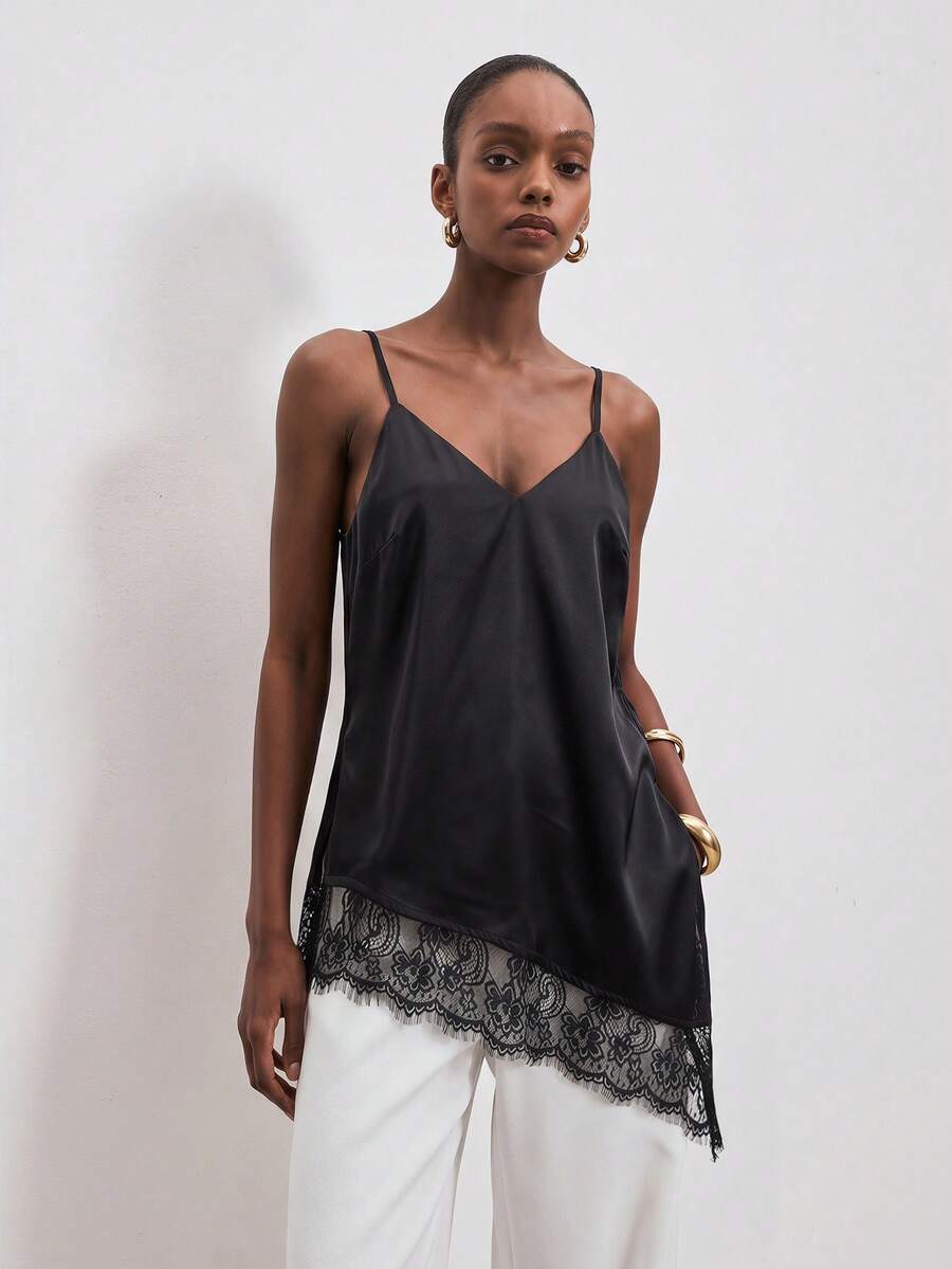 ATUI Studio Camiseta de tirantes elegante de mujer con parches de encaje y bajo asimétrico de unicolor para el verano - Negro - Ver 1