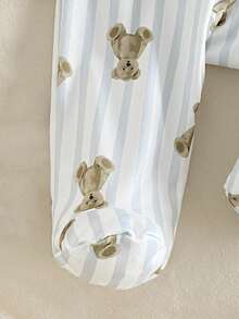 SHEIN 2-Pack Newborn Baby Boy Cartoon Bear Print White Summer Casual Family Matching Short Sleeve Open Shoulder Button Top & Striped Footed Pants Pajamas - White - View 4