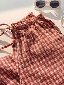 Comfortcana Women's Plaid, Summer, Casual, Picnic Drawstring Waist Pants, Gingham Checkered Trousers, Country Style Spring, Daily Wear Carnival Costume - Orange - View 7