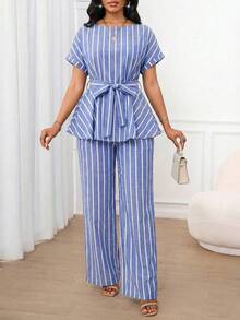 SHEIN Lady Bộ đồ nữ đa năng gồm áo sơ mi kẻ sọc buộc dây và quần dài thường ngày. - Màu xanh lam - Xem 6