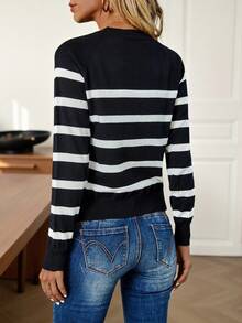 Easowa Striped Pattern Sweater,Long Sleeve Tops Autumn Winter Clothes For Women - Black and White - View 2