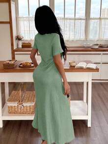Softscene Women's Casual Solid Color Jacquard Ruched Ruffle Trim Square Neck Maxi Dress Loungewear - Green - View 2