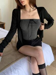 DAZY 女士条纹抹胸上衣和纯色长袖上衣两件套 - 黑色 - 查看 6