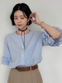 FRIFUL Women's Fashion Versatile Striped Single-Breasted Layered Ruffle Cuff Shirt - Blue - View 6