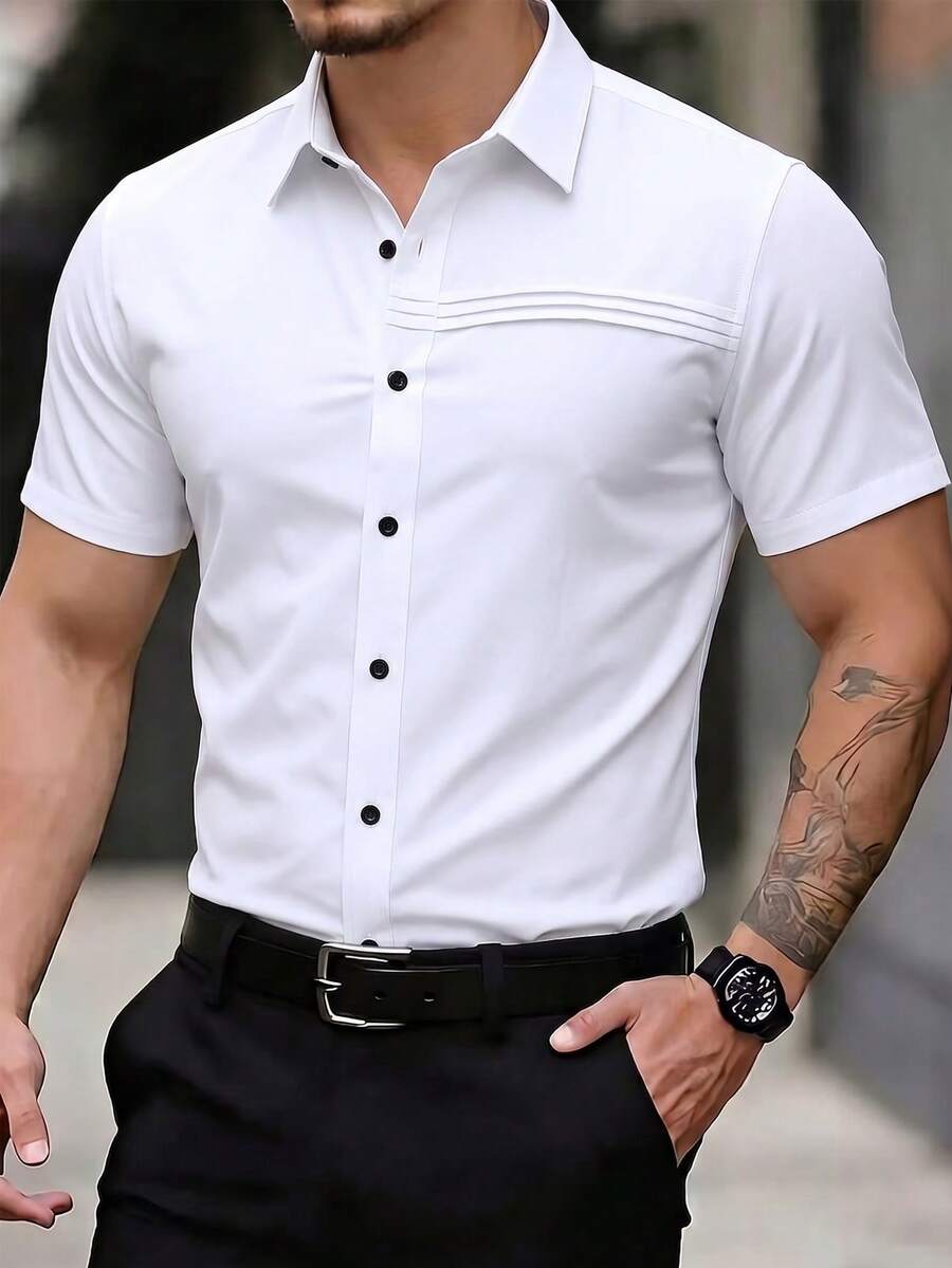 Manfinity Mode 男士正式襯衫,男士辦公穿著襯衫,男士商務襯衫,商務休閒夏季款 - 白色 - 查看 1