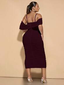 SHEIN BAE Damen Große Größen Plissee Mesh Spaghetti Träger langes Kleid, Geburtstagskleider für Frauen - Kastanienbraun - Übersicht 2