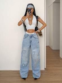 StreetHx Quần jeans ống rộng cạp thấp thêu họa tiết, phong cách đường phố thường ngày, thời trang. - Rửa nhẹ - Xem 5