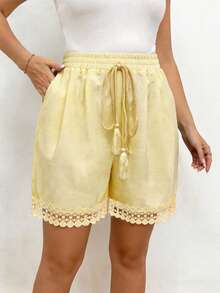 Breezaya Plus Size Women Drawstring Waist Pockets Casual Versatile Daily Wear Shorts Vacation Light Yellow Summer  Country Summer Beach Dress Festival Party - Yellow - View 1
