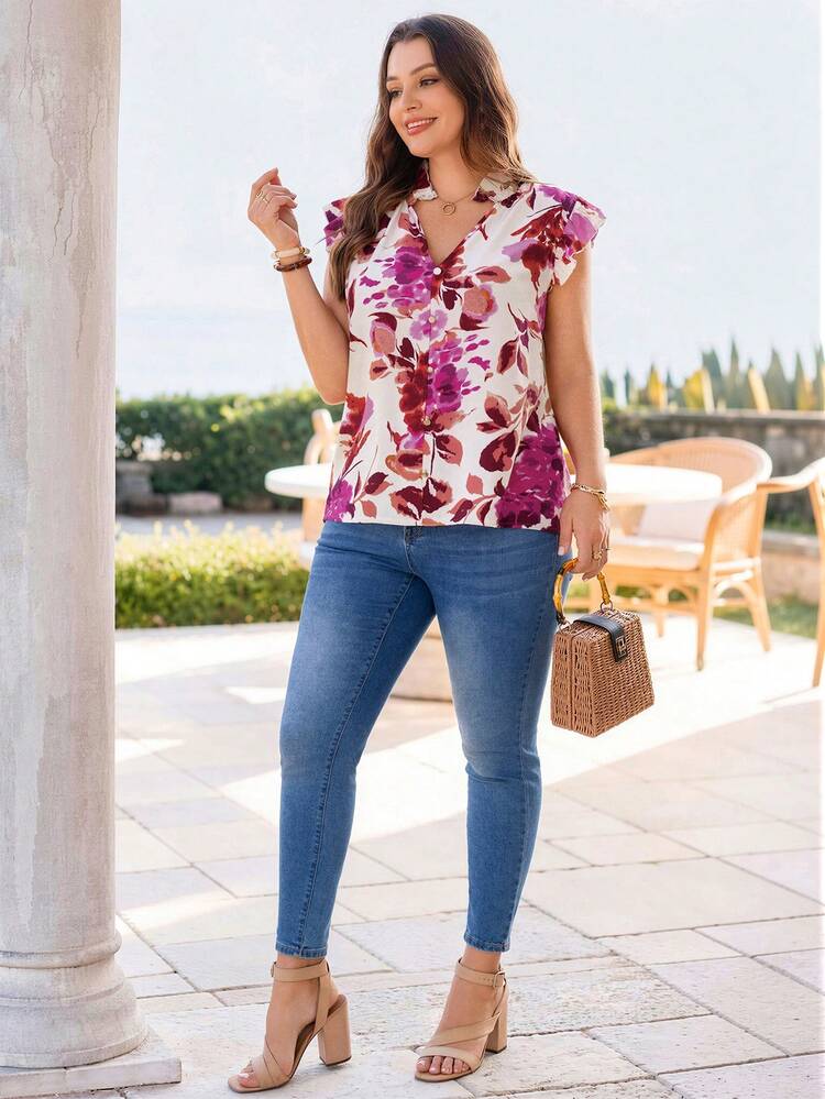 Plus Size Women's Summer Casual Vacation Country  Floral Print Ruffle Sleeve Blouse Shirt Top, Suitable For Summer Vacation,Casual Holiday Style,Summer Outfits For Women ,Vacation Outfits Women ,Holiday Outfits For Women,Going Out Outfits, New Clothes,Simple And Fashionable For Everyday Wear,Suitable For Summer, Vacation, Daily Wear, Festival Outfits For Women,Country Concert Outfit,Beach Outfits For Women,Western Style,Boho Shirt